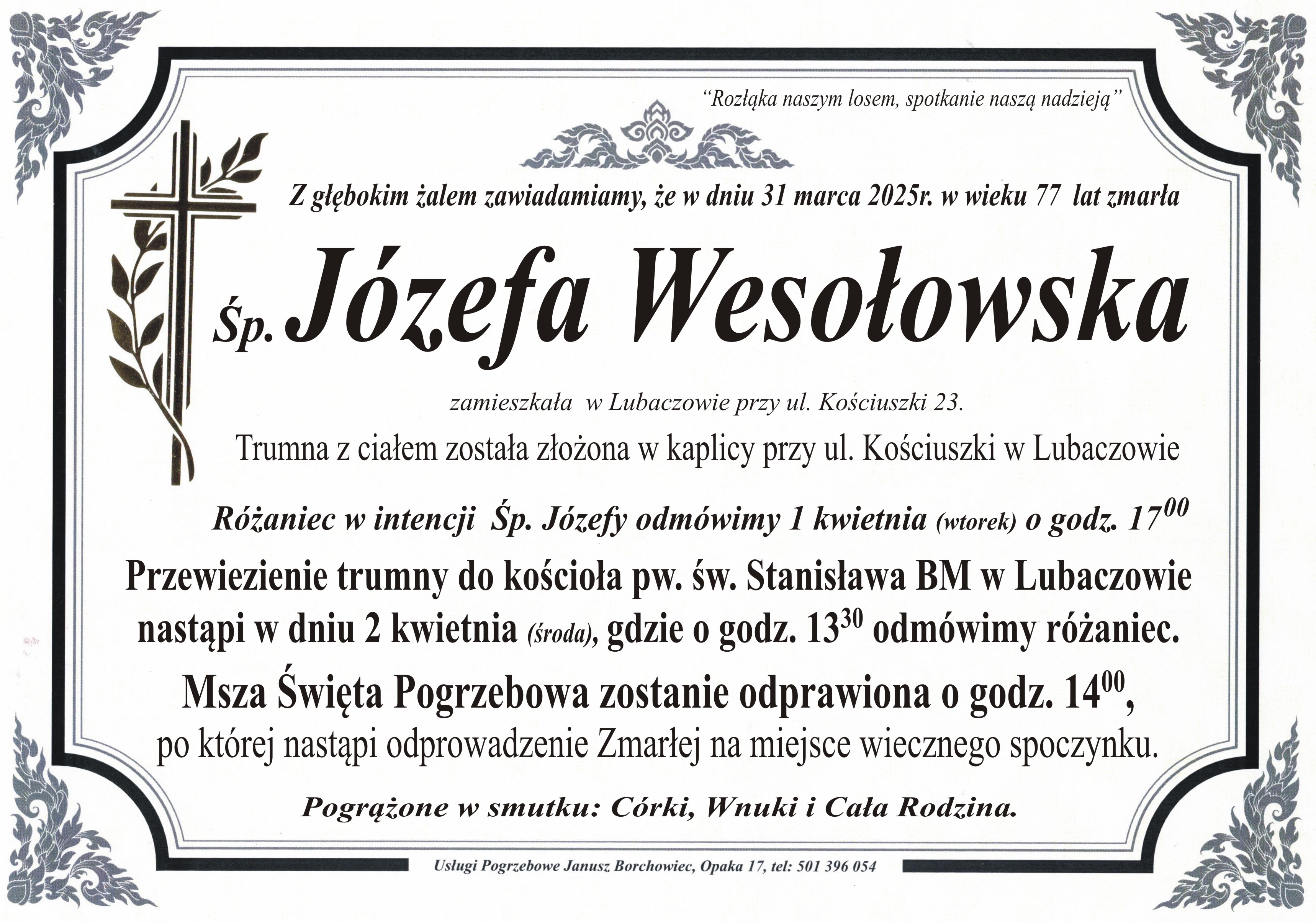 Zmarła Józefa Wesołowska [77 lat]