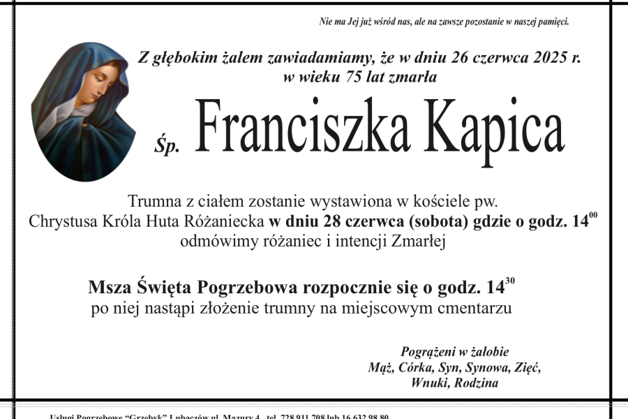 Zmarła Franciszka Kapica [75 lat]
