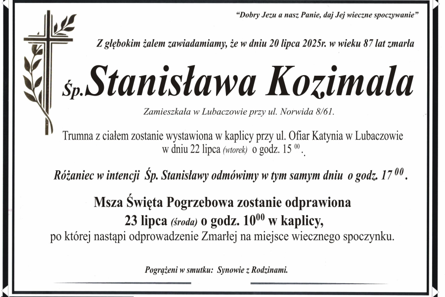 Zmarła Stanisława Kozimala [87 lat]