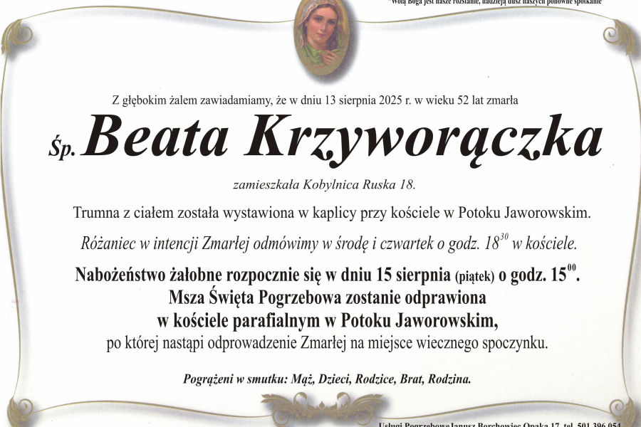 Zmarła Beata Krzyworączka [52 lata]