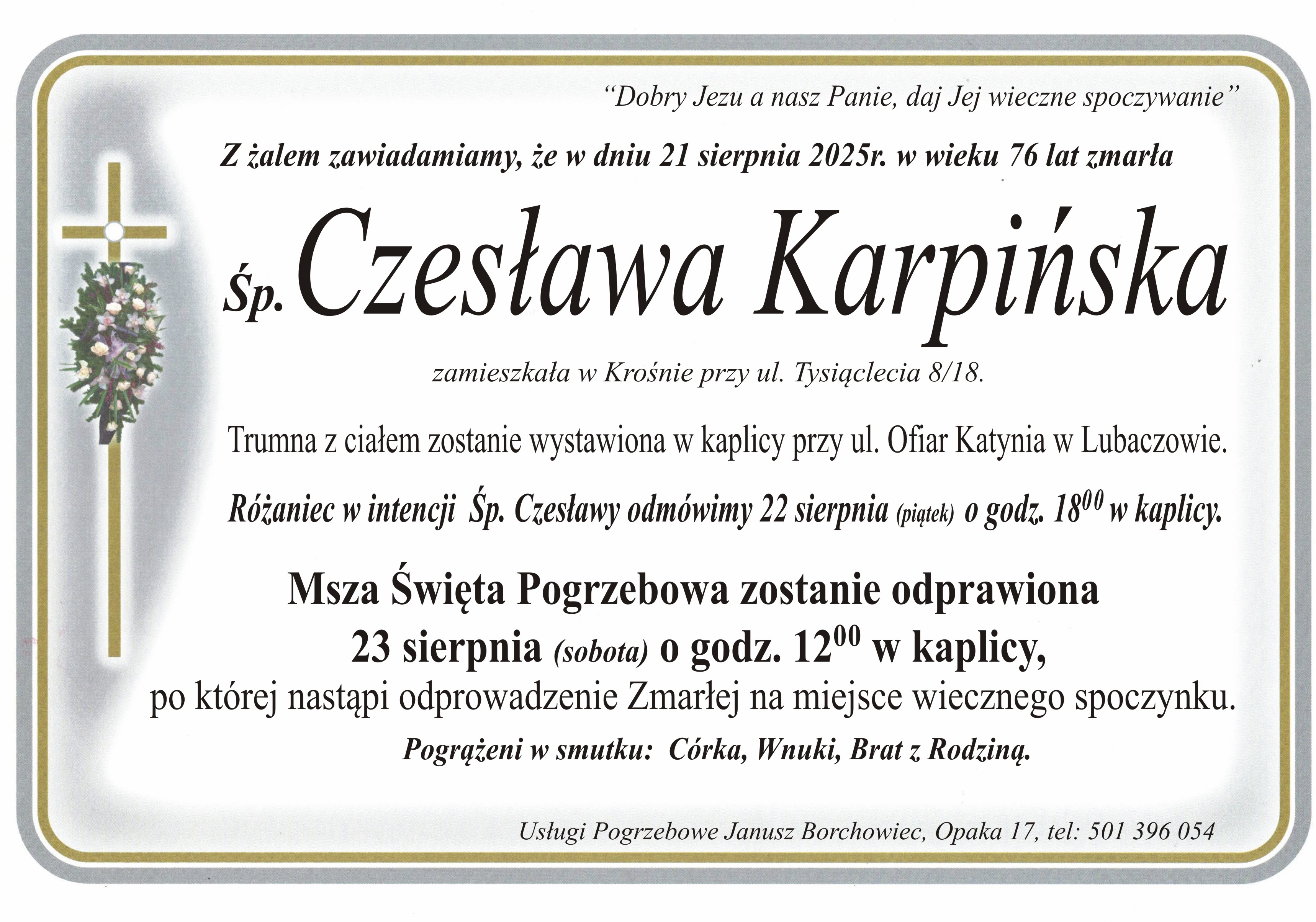 Zmarła Czesława Karpińska [76 lat]