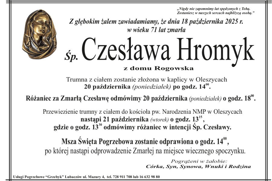 Zmarła Czesława Hromyk [71 lat]