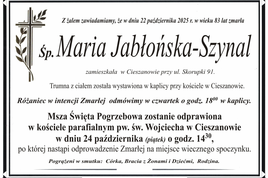 Zmarła Maria Jabłońska-Szynal [83 lata]