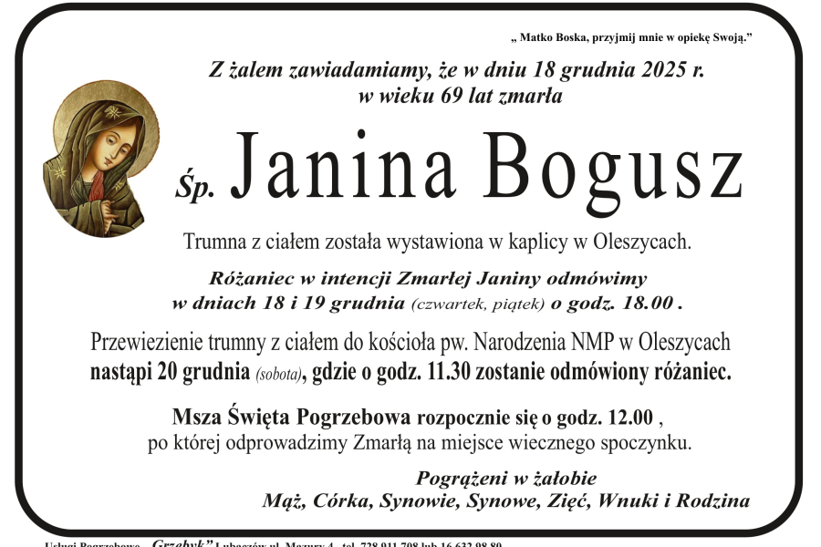 Zmarła Janina Bogusz [69 lat]