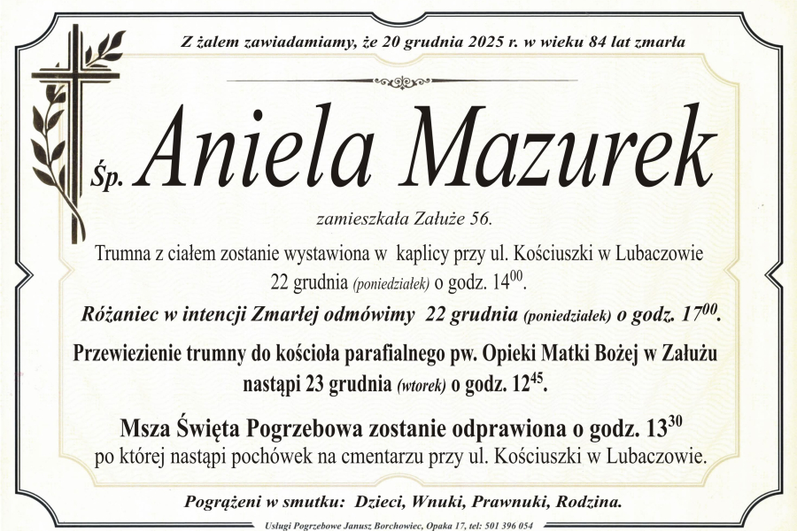 Zmarła Aniela Mazurek [84 lata]