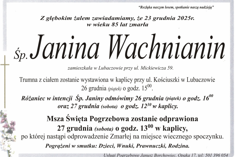 Zmarła Janina Wachnianin [85 lat]