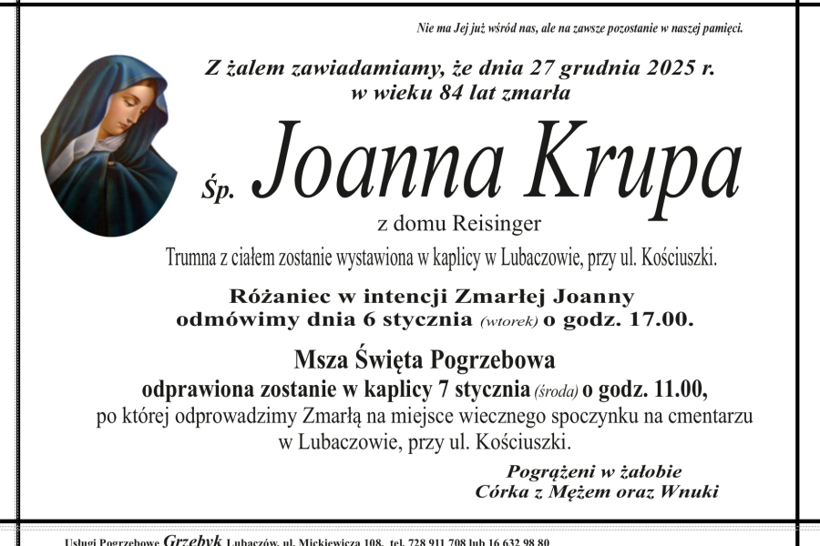 Zmarła Joanna Krupa [84 lata]