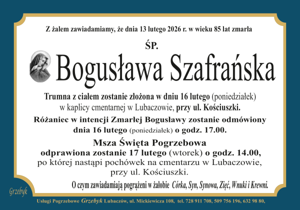 Zmarła Bogusława Szafrańska [85 lat]