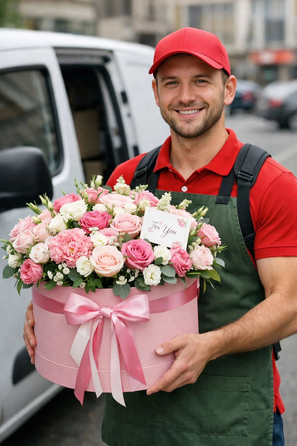 kurier dostarczający świeży bukiet kwiatów